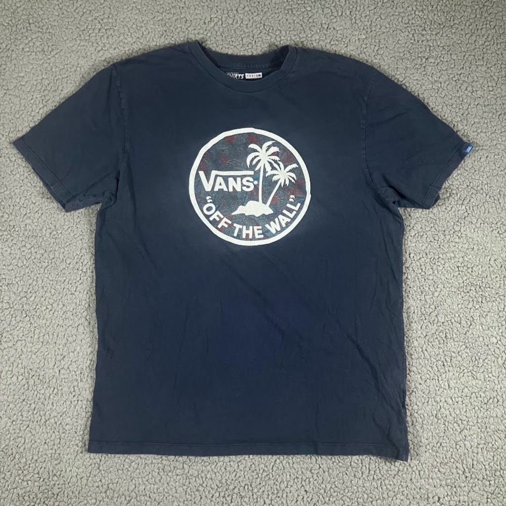 Vans Off The Wall Graphic T-Shirt Mens Large Navy Blue Palm Tree Cotton Tee